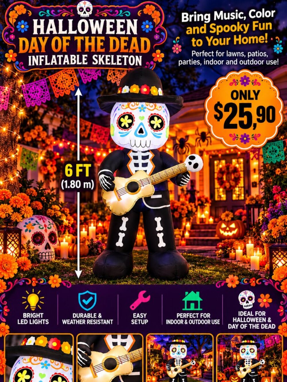 Joliyoou 6ft Inflatable Halloween Decoration, Light-Up Skeleton with a Guitar